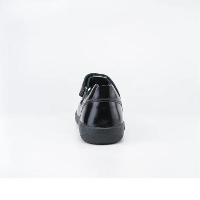 The Bobux Kid+ Black School Patent Leather Shoe Brave T-Bar, shown from the back on a white background, features a classic design perfect for girls' school shoes., 9420068510845, 9420068510852, 9420068510869, 9420068510876, 9420068510883, 9420068510890, 9420068510906