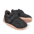 The Bobux Xplorer XP Marvel Felt Charcoal Pink baby shoes, featuring dark gray natural felt, light pink flexible soles, a scuff-resistant toe cap, and a Velcro strap, are shown side by side on a white background.