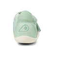 The Bobux XP Xplorer Marvel Mist Blue Dress Shoe First Walker 501227 is a mint green suede-like baby shoe with a flexible white sole and stitched B logo on the heel, shown from the back against a white background., 9420071309627, 9420071309634, 9420071309641