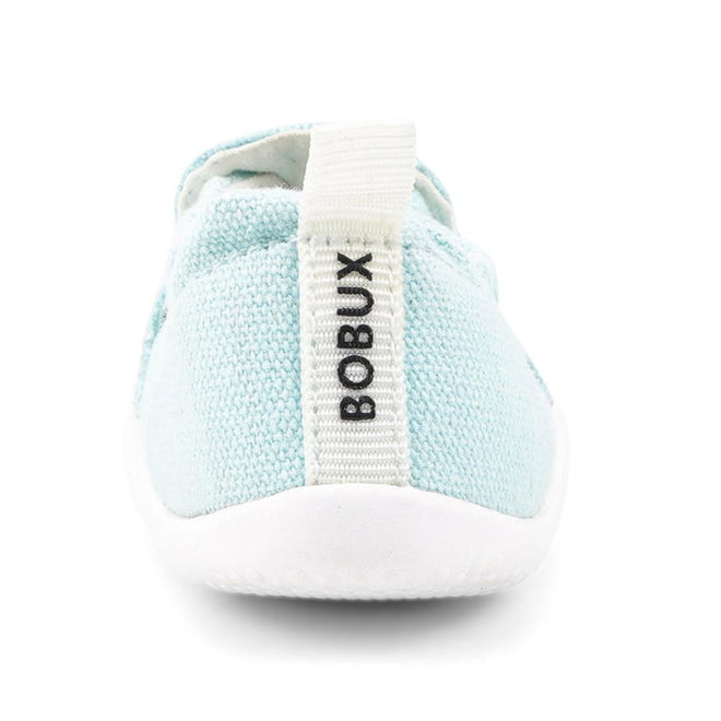 Aqua Silver Rainbow baby canvas shoe, Bobux Xplorer Scamp Crawler 501709, shown from the back with a white pull tab branded "BOBUX" in black and a flexible sole—ideal for little explorers., 9420068534384, 9420068534391, 9420068534407, 9420068534414