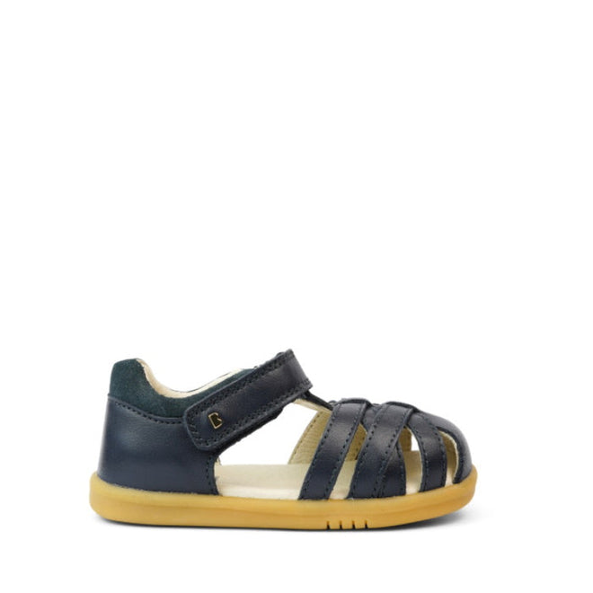 The Bobux iwalk Cross Jump Sandal Navy Closed Toe 636703 is a kids’ sandal with multiple front straps for ventilation, a closed heel and toe, yellow sole, and Velcro strap for comfort., 9420062083604, 9420062083611, 9420062083628, 9420062083635, 9420062083642