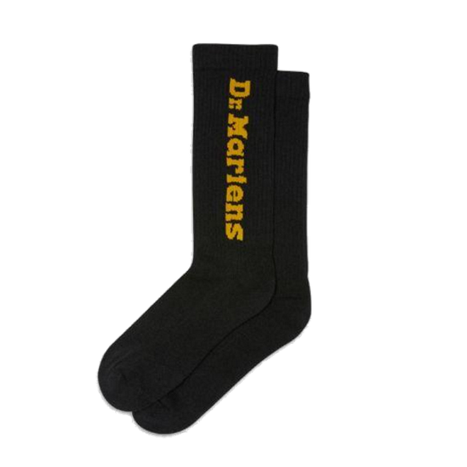 Image of right foot, side on of Dr Martens Socks Vertical Logo Unisex Black Yellow-Foot Forward Shoes