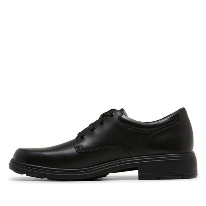 The Clarks Infinity Senior F is a wide-width black leather dress shoe with laces, low heel, and rounded toe, shown in side profile on a white background., 9336078387288, 18800, 9336078387301, 9336078387318, 9336078387325, 18804, 9336078387349, 9336078387356, 9336078387363