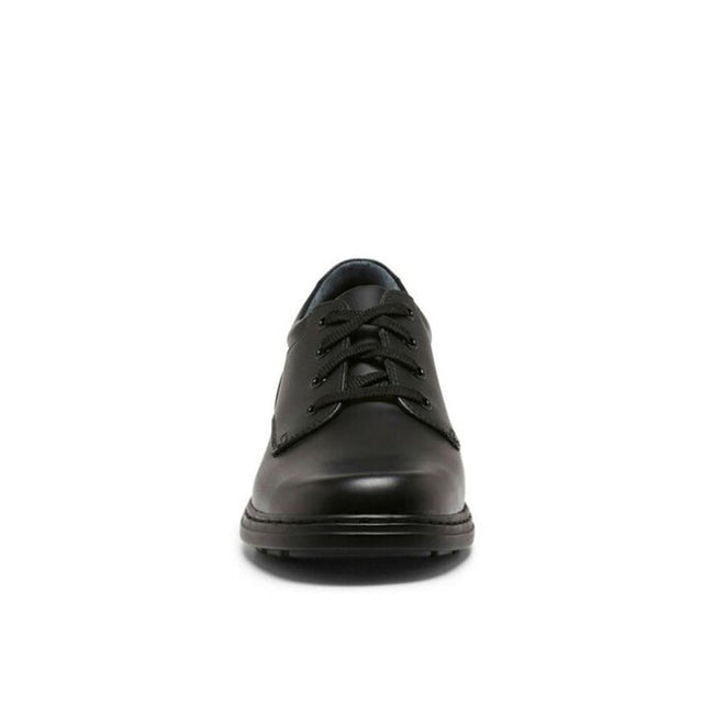 The Clarks Infinity Senior F - Wide width is a premium black leather school shoe, shown front-facing on a white background. Its wide fit and rounded toe offer orthotic-friendly comfort, while black laces provide classic style., 9336078387288, 18800, 9336078387301, 9336078387318, 9336078387325, 18804, 9336078387349, 9336078387356, 9336078387363