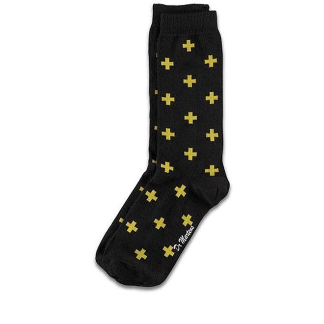 Image of right foot, side on of Dr Martens Cross Logo Socks Black & Yellow-Foot Forward Shoes