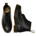 Two Dr Martens 101 6 eye boots in black in a flay lay. The right foot showing top down view with the logo on the foot bed showing, the left the side view of the outer foot. Shows yellow stitching and pull tab.,
190665350715,
190665350722,
190665350739,
190665350746,
190665350753,
190665350760,
190665350777,
190665350784,
190665350791,
190665350807,
190665350814,