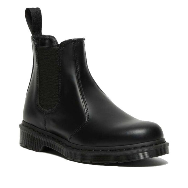 Image of right foot, side on of Dr Martens 2976 Mono Black Chelsea Boot Smooth Leather-Foot Forward Shoes
