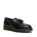 Image of right foot, side on of Dr Martens Adrian YS Black Smooth Tassel Loafer Shoes with Yellow Stitching-Foot Forward Shoes