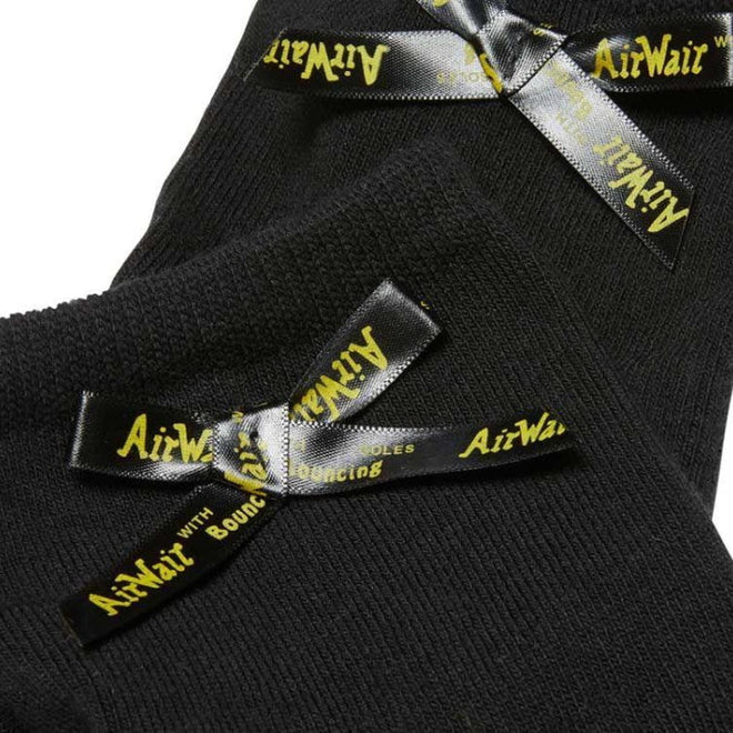 Dr Martens Bow Short Socks for Boots or Shoes: black cotton blend socks with shiny black ribbons and yellow AirWair branding bows at the top—ideal to wear with your favorite 8 up boots., 190665480092, 190665480085