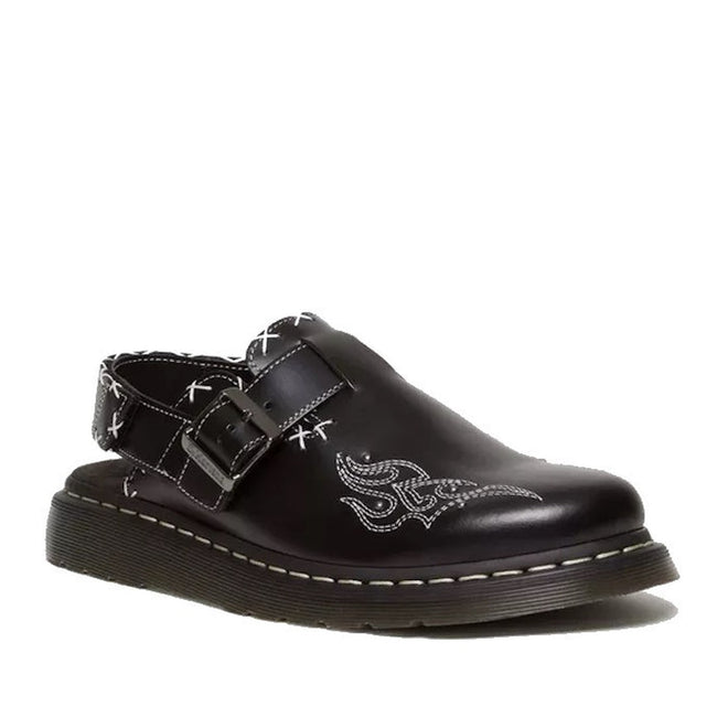 Image of right foot, side on of Dr Martens - Black Jorge II Gothic Americana Leather Slingback Mules-Foot Forward Shoes