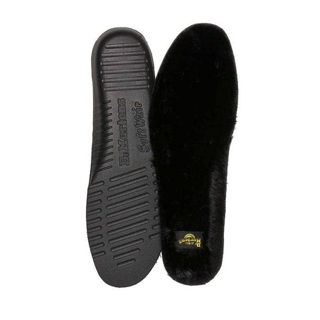 A pair of Dr Martens WarmAir Furry Cushion Insoles: one shows a textured rubber sole with SoftWair branding, the other features a soft, black furry top surface and a yellow Dr. Martens logo., 29421, 190665519884, 190665519891, 190665519907, 190665519914, 190665519921, 190665519938, 29428, 29429, 29430