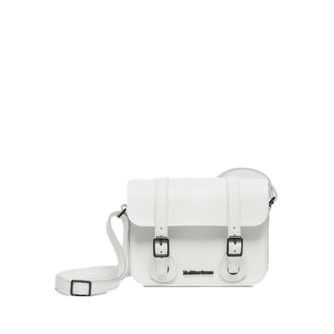 Image of right foot, side on of Dr Martens Leather Cross Body White Leather Box Satchel-Foot Forward Shoes