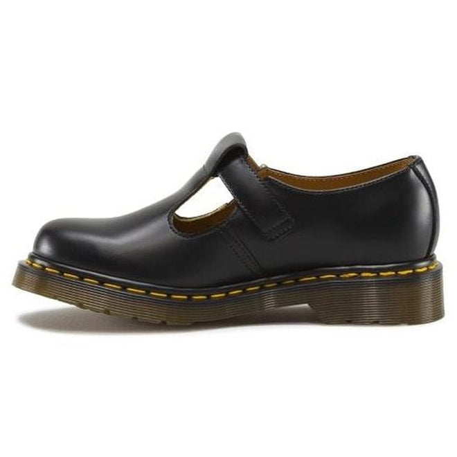 the inner view of the dr martens polley t-bar shoe in black shwoing the yellow stitching around the sole., 883985498242,
883985498259,
883985498266,
883985498273,
883985498280,
883985498297,
883985498303,
883985498310,