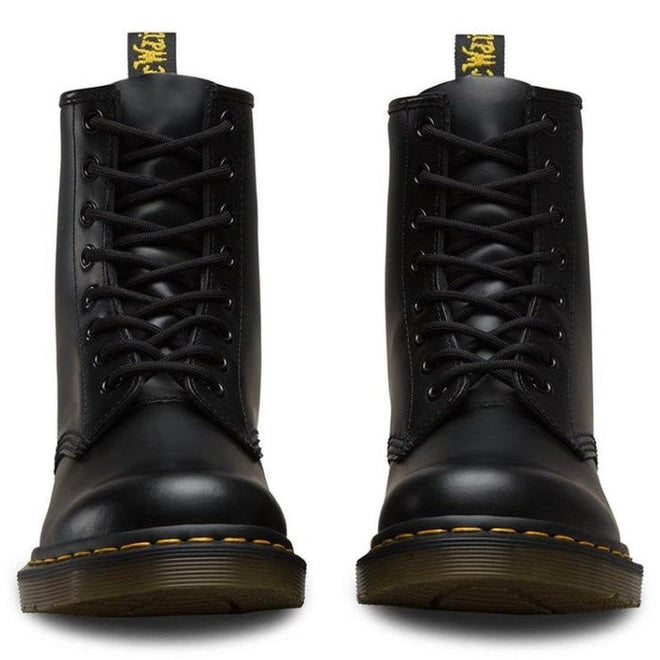 Dr. Martens 1460 Smooth Black leather 8‑eye boot front view both left and right feet showing laced up and yellow stitching around the sole,
800090828511, 800090828535, 800090828542,800090828559.800090828566,800090796377,800090796391, 800090796384, 800090796384