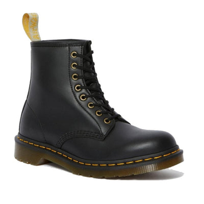 Image of right foot, side on of Dr Martens - Vegan 1460 Black Felix Rub Off Boot 8 eye-Foot Forward Shoes