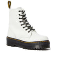 Image of right foot, side on of Dr Martens - White Jadon Platform Polished Smooth Boot 8 up-Foot Forward Shoes