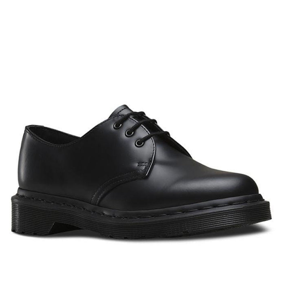 Image of right foot, side on of Dr Martens - 1461 Mono Black Smooth Shoe Oxford Lace Up-Foot Forward Shoes