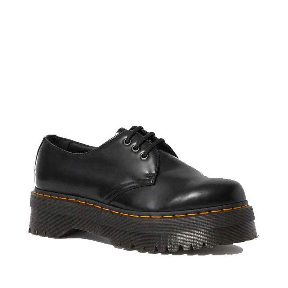 Image of right foot, side on of Dr Martens - 1461 Quad Polished Smooth Platform Shoe Black 3 Eye-Foot Forward Shoes