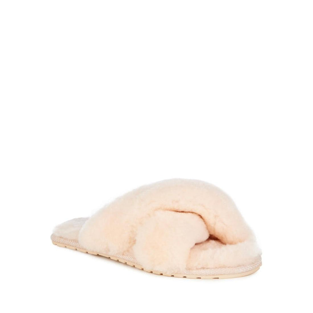 The EMU Women's Mayberry Natural Luxurious Sheepskin Scuff Slipper is a single light beige slipper with crisscross straps and a flat sole, crafted from fluffy sheepskin, shown on a white background.