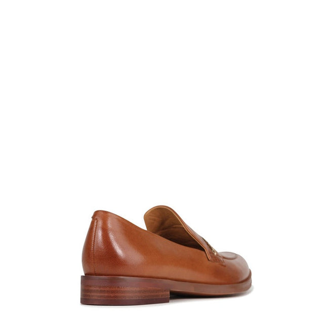 The EOS Zania Leather Slip On Loafer in Brandy, made from Italian leather, is shown from the back and side to emphasize its wooden heel and smooth finish against a plain white background., 29187, 29188, 29189, 29190, 29191