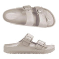 Left foot top down view of a beige sand coloured holster womens sundreamer slide sandal. Also showing the right foot outer side view.
9337771179989,
9337771179996,
9337771180008,
9337771180015,
9337771180022,
9337771180039,
9337771180046,