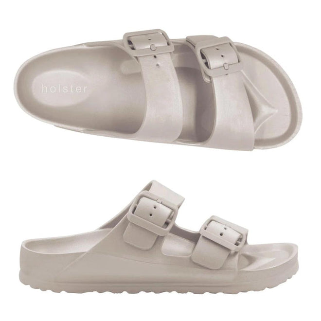Left foot top down view of a beige sand coloured holster womens sundreamer slide sandal. Also showing the right foot outer side view.
9337771179989,
9337771179996,
9337771180008,
9337771180015,
9337771180022,
9337771180039,
9337771180046,