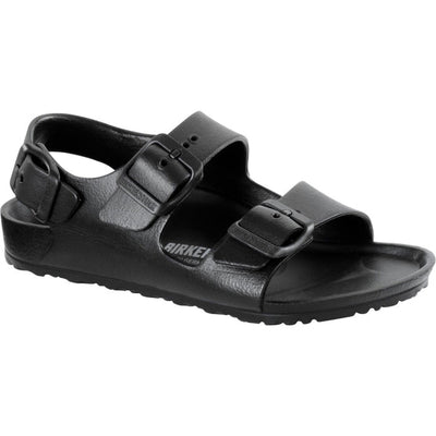 The Birkenstocks Kids Black Milano EVA Sandal (Narrow Width, Not For School) features two buckle straps, an adjustable ankle strap with buckle, and an open toe design, all shown against a white background.
