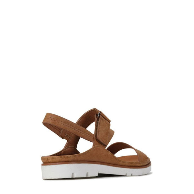 The Los Cabos Ashli Sandal With Back Strap in Brandy Tan features a white sole, toe and back straps, and adjustable Velcro closures. Displayed from the side on a white background., 9321191053097, 9321191053103, 9321191053110, 9321191053127, 9321191053134, 9321191053141