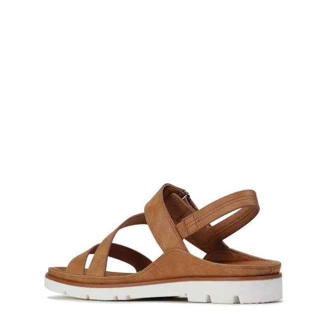 The Los Cabos Ashli Sandal With Back Strap Brandy Tan features a closed heel, open toe, thick white sole, and adjustable ankle strap in tan, shown side view on a plain white background., 9321191053097, 9321191053103, 9321191053110, 9321191053127, 9321191053134, 9321191053141