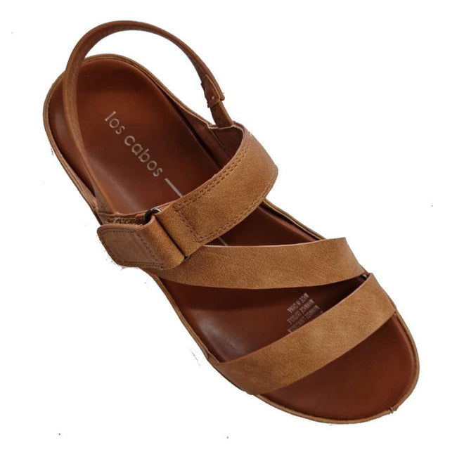 The Los Cabos Ashli Sandal With Back Strap in Brandy Tan is a brown women’s sandal with two front straps, a wide Velcro middle strap, and slingback heel. Comfortable slides shown on a white background., 9321191053097, 9321191053103, 9321191053110, 9321191053127, 9321191053134, 9321191053141