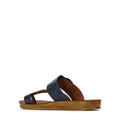 The Los Cabos Bria Blue Light Flexible Sandal Jandal Navy is a single navy sandal with two wide straps and woven detailing on top, a tan sole, and is shown against a plain white background., 236222, 9321191161815, 9321191161822, 9321191161839, 9321191161846, 9321191161853, 9321191161860