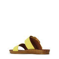 The Los Cabos Doti Citrus Yellow Light Flexible Sandal features two wide straps, an open toe, a cork-textured low wedge sole, and a brown footbed—ideal for travel. CLEARANCE; NOT RETURNABLE. Displayed on a white background., 23673, 23674, 23675, 23676, 23677, 23678, 23679