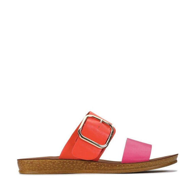 The Los Cabos Doti Pink/Orange Light Flexible Sandal features a tan sole, wide orange strap with a bold gold buckle, and a pink toe strap—perfectly comfy and stylish for summer days., 9321191058962, 9321191058979, 9321191058986, 9321191058993, 9321191059006, 9321191059013, 9321191059020
