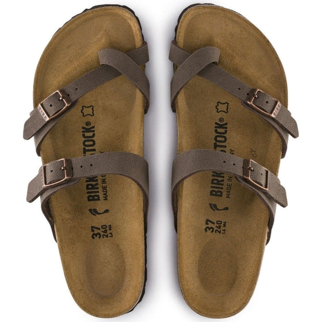 top down view of a pair of Birkenstock Mayari womens sandals showing mocca brown upper, thin straps with buckle over the top of the foot and over the toes as well as the suede tan footbed with the curve indent for the heel and arch support.,
4040714632537,4040714632520,4040714632544,4040714632551,4040714632568,4040714632575,4040714632582, , , , , , 

