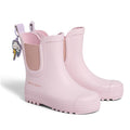 A pair of Pretty Brave Puddle Boot Ankle Rainboot in blush pink featuring chunky soles, side elastic panels, and a cloud-and-lightning-bolt keychain. Lightweight with "Pretty Brave" printed on the side.