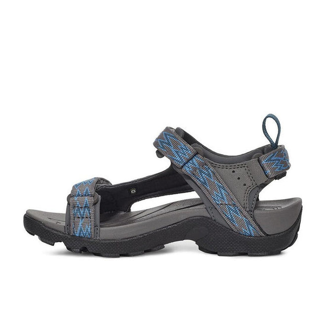The Teva Boys Active Rugged Sandal K Tanza Grey features black soles, adjustable recycled polyester straps with a blue and black geometric pattern, an open toe, and a heel loop for easy pull-on. Now on clearance., 24616, 195719344092, 195719344108, 24610, 24611, 24612, 195719344139, 195719344177, 195719344184, 195719344160