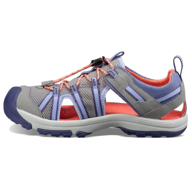 The Teva Girls K Manatee Wild Dove Grey Closed Toe Sandal (US 11-7) features gray and purple colors, pink accents, mesh panels, elastic laces, a soft molded footbed, and a rugged sole—ideal for active outdoor use., 191142484282, 191142484251, 191142484237, 191142484206, 191142484213, 191142484220, 191142485562, 191142485609, 191142485586, 191142485555