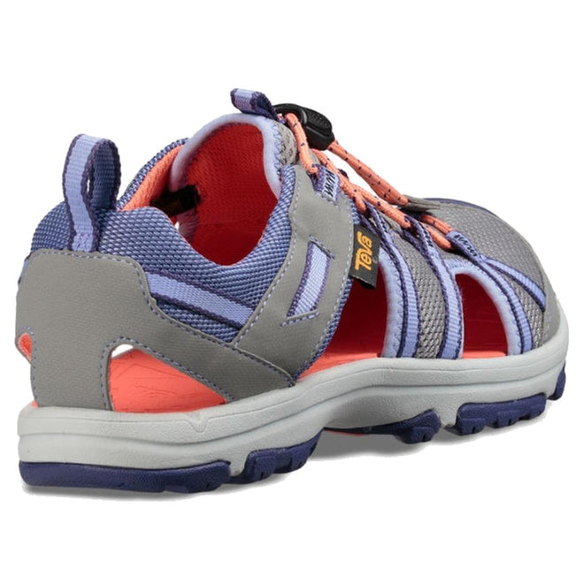 The Teva Girls K Manatee Wild Dove Grey Closed Toe Sandal, US sizes 11 to 7, features purple and orange accents, open sides, a rugged sole, and a soft flexible moulded footbed. Shown from the back left angle., 191142484282, 191142484251, 191142484237, 191142484206, 191142484213, 191142484220, 191142485562, 191142485609, 191142485586, 191142485555