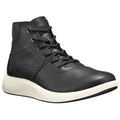 a pair of Timberland Black Mens Boots Flyroam Chill Chukka- closed toe sandals with closed back for heel support. velcro around the heel and straps of leather over the toes so air can move freely around the toes.